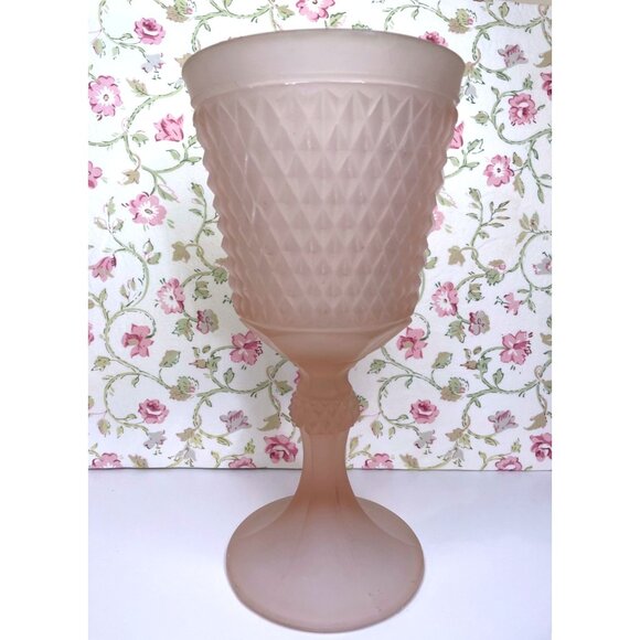 Vintage Pink Satin Diamond Point Chalice Vase, Frosted Depression Glass - Picture 3 of 11